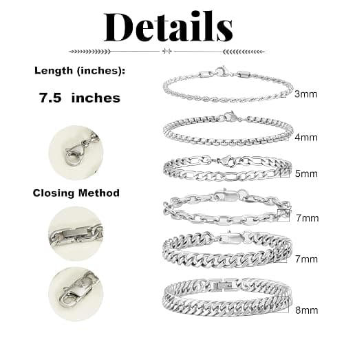 XIANNVXI 6 Pcs Stainless Steel Bracelets for Men Women Cuban Link Bracelet Rope Paperclip Chain Bracelets Set 6.5/7/7.5/8.3/9 Inches Mens Metal Bracelets thumbnail 3