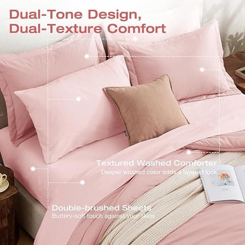 Sasttie Queen Comforter Set 7-Piece Pink, Pre-Washed Bed in a Bag | Soft & Breathable, All-Season Bedding Set with Comforter, Sheets, Pillowcases & Pillow Shams, OEKO-TEX, Down Alternative thumbnail 2
