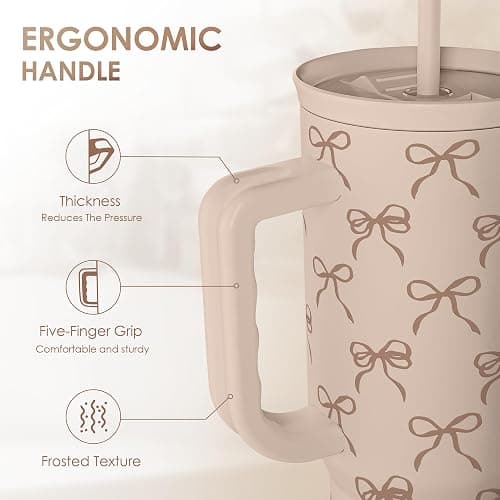 Bow Tumbler with Handle and Straw 40oz – Stainless Sleel Slider Tumbler Travel Coffee Mug for Women - Gift Idea for Birthday Christmas thumbnail 4
