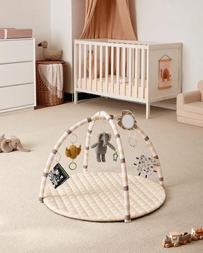 Blissful Diary Baby Play Gym Mat, Tummy Time Activity Mat with 6 Detachable Toys for Stage-Based Sensory & Motor Skill Development, Easy to Install & Clean, Baby Essentials Gift, Sandy Beige thumbnail 2