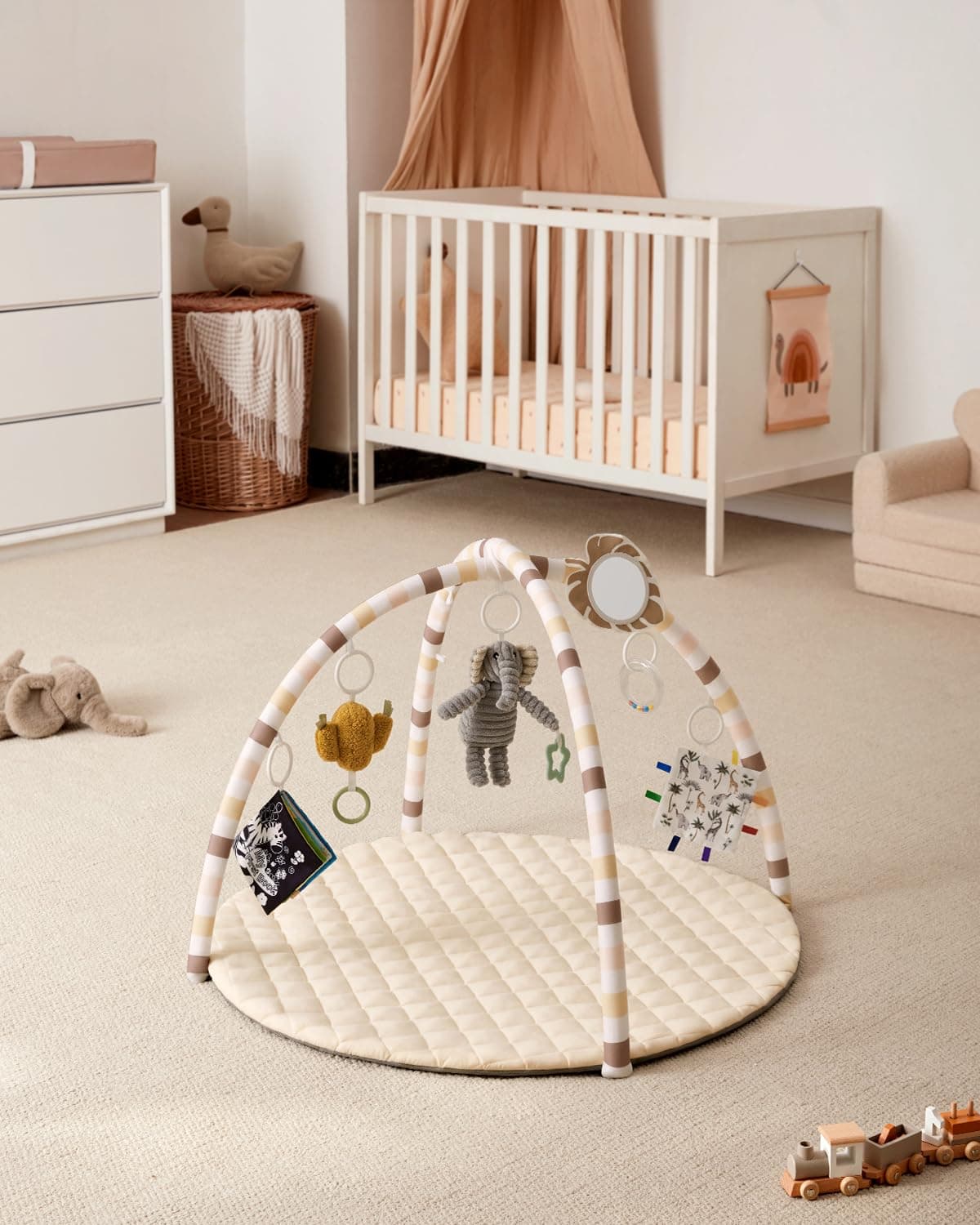 Blissful Diary Baby Play Gym Mat, Tummy Time Activity Mat with 6 Detachable Toys for Stage-Based Sensory & Motor Skill Development, Easy to Install & Clean, Baby Essentials Gift, Sandy Beige thumbnail 6