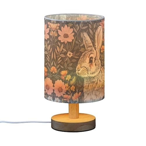 YYZZH Bunny Rabbit Floral Field Table Lamp with Wood Base Fabric Lamp Shade Bedside Desk Lamp for Living Room Bedroom Kids Room Office thumbnail 2