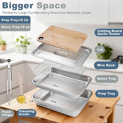 YJHOLE Grilling Prep and Serve Trays,Stainless Steel Large Capacity Food Prep Trays with Lid, Cutting Board Cooling Rack Food Tongs and Cleaning Brush,BBQ Accessories Gift thumbnail 2