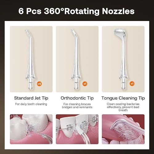 Bitvae C6 Water Dental Flosser Teeth Picks, Portable Cordless Oral Irrigator, IPX7 Waterproof Braces Flossers Cleaner, 5 intensities 6 Jet Tips, Rechargeable Water Dental Picks for Cleaning, Pink thumbnail 7
