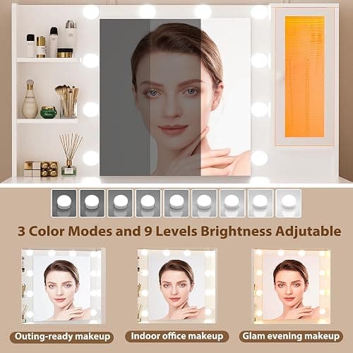 ERLEJIA Vanity Desk with Mirror and Lights, Large 43" White Makeup Vanity Desk with 9 Drawers and Power Outlet, 3 Open Shelves and 1 RGB Lighting Cabinet, White and Gold thumbnail 5