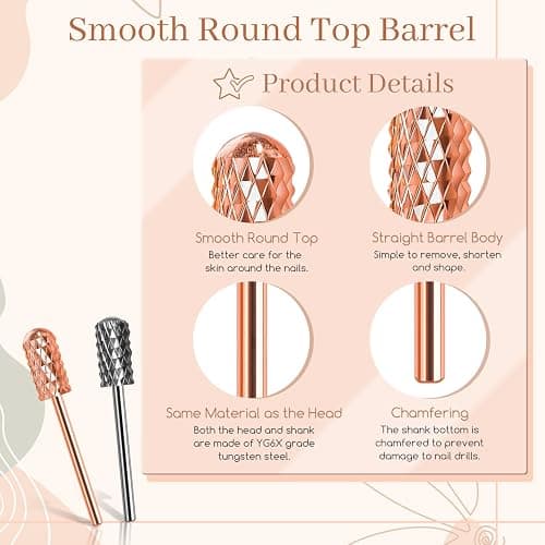 Nail Drill Bits, 2 Pcs Safety Nail Bits for Nail Drill, 3/32'' Tungsten Carbide Nail Drill Bit, Smooth Round Top Large Barrel Bits, Nail Supplies for Nail Tech to Remove Acrylic Nails (2XC) thumbnail 4