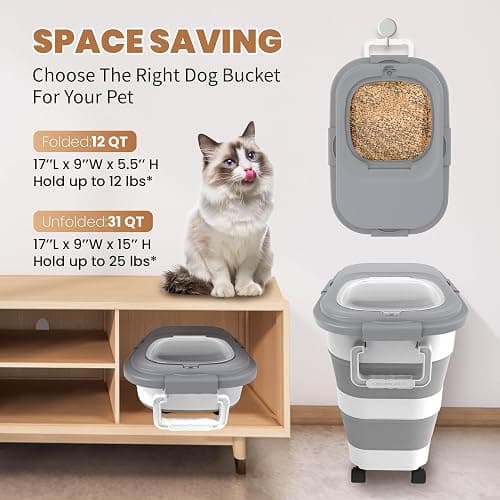 DDMOMMY 23-25 Lbs Airtight Dog Food Storage Container,Collapsible Dog Food Container with Lid,Wheels,Handle,Large Pet food storage Container with Scoop,Small Food Container for Dog Cat thumbnail 5