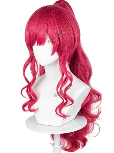 Half and Half Red Pink Pony Cosplay Wig with Bangs 27.5'' Long Curly Cute Pony Costume Wigs Rose Red Ponytail Wig for Women Halloween Party Daily thumbnail 2