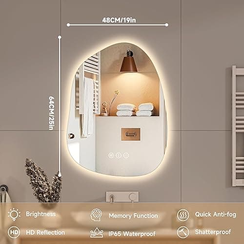Hasipu Irregular Bathroom Vanity Mirror - 25"x19" LED Asymmetrica Mirror with Lights, Abstract Bathroom Mirrors with Backlit, Anti Fog, Memory Function，3 Colors and Dimmable Light,Horizontal/Vertical thumbnail 3