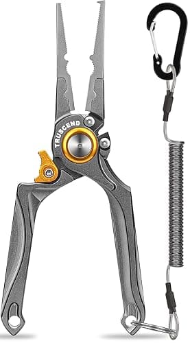 TRUSCEND Lockable Handy Fishing Pliers with Innovative Ergonomical Handle, Corrosion Saltwater Resistant Teflon Coated Fishing Tool, Multi-Function Fishing Gear with Mo-V Cutter, Fishing Gifts for Men - Gray