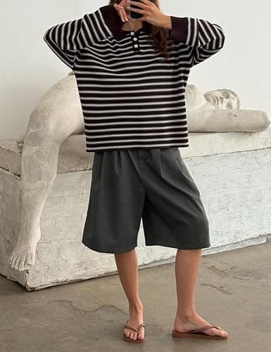 Oversized Striped Sweater for Women Collared Long Sleeve Preppy Polo Sweater Vintage Aesthetic Knitted Rugby Shirts thumbnail 5