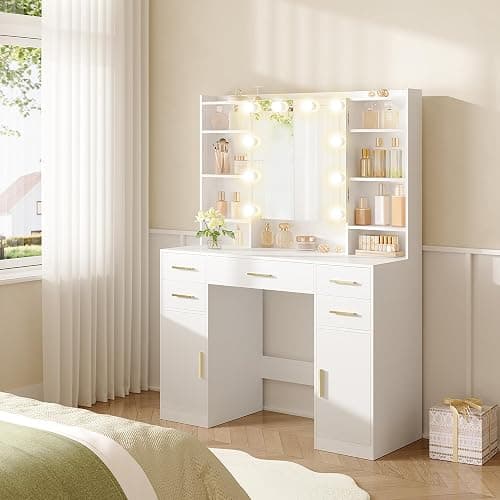 HEXCELEN 108 cm Coiffeuse avec Miroir et Lumières LED, Blanc | Luminosité Réglable, Tiroirs, Armoire et Étagères Ouverts, Table de Maquillage, Miroir avec Étagères Cachées thumbnail 3