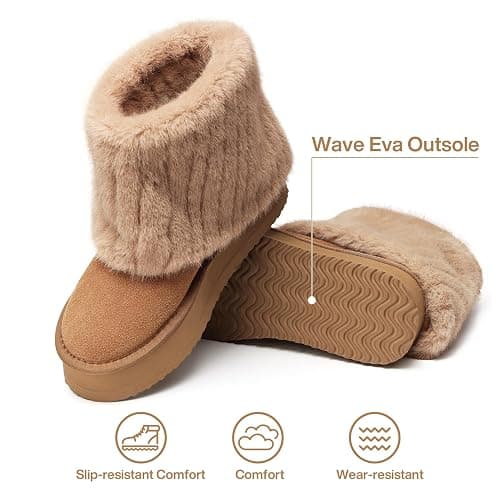 Pasuot Women's Beige Platform Fur Boots - Genuine Cow Suede, Faux Fur, Winter, Ankle-High, Casual, Anti-slip Sole, Pull-On, Round Toe, Bootie - 7.5 - Chestnut thumbnail 6