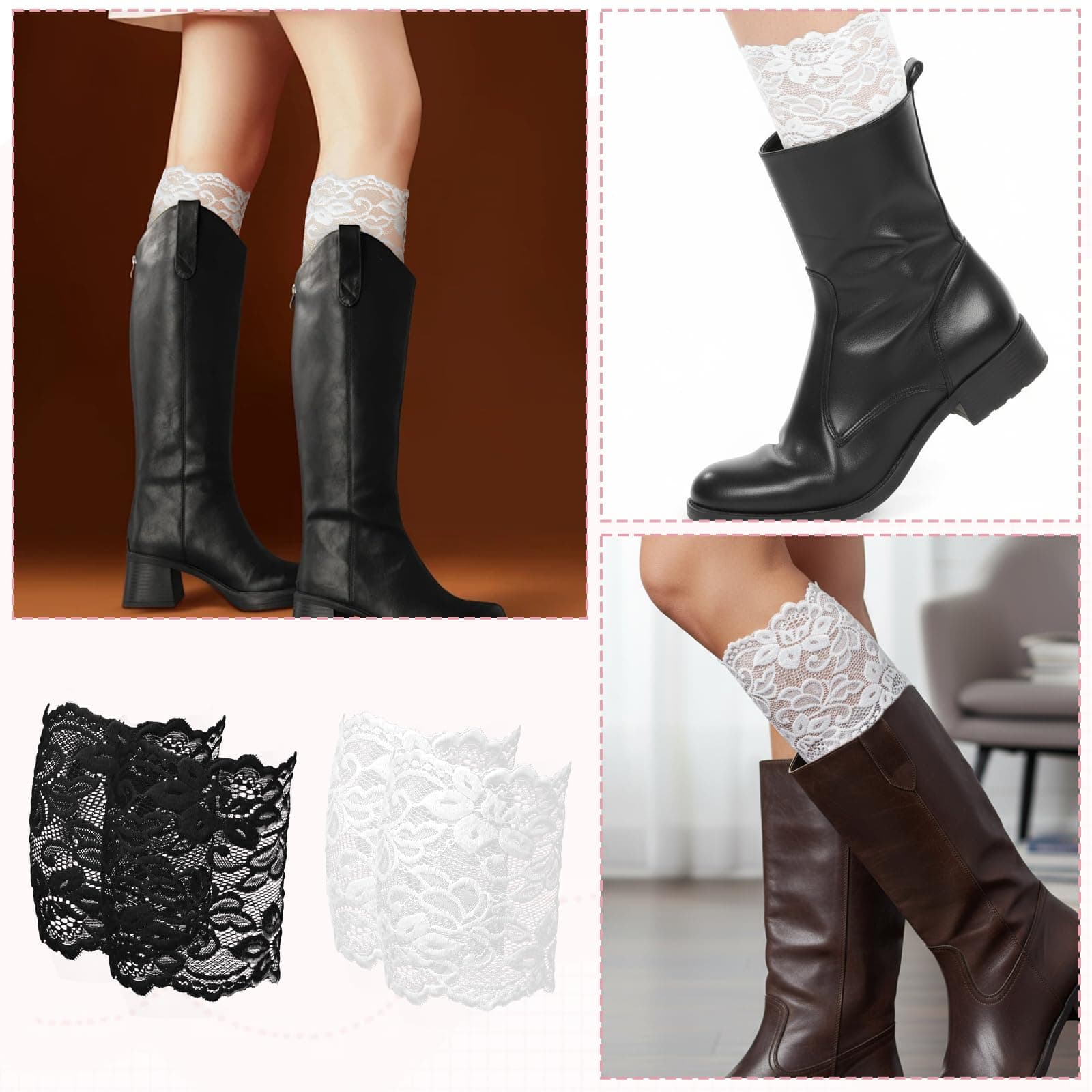  Lace Boot Cuffs for Women - Stretchy Lace Leg Warmers Socks Topper Cuff (Black & White) thumbnail 4