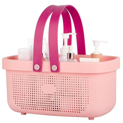 JiatuA Plastic Storage Basket with Handle Portable Shower Caddy Tote Organizer Basket Bin for Bathroom Kitchen Dorm Room Bedroom, Light Pink - Image 1