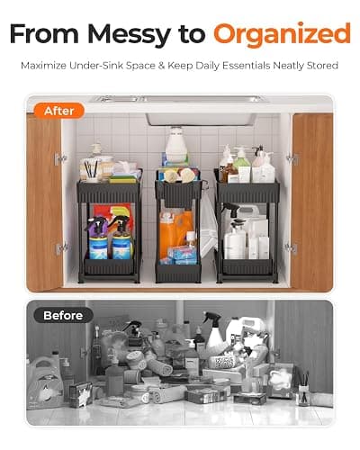 Sevenblue 3-Pack 2-Tier Under Sink Organizers with Sliding Drawers | Multi-use kitchen & bathroom storage, 12.8 inch black cabinet organizer, space-saving sliding drawer design. thumbnail 3