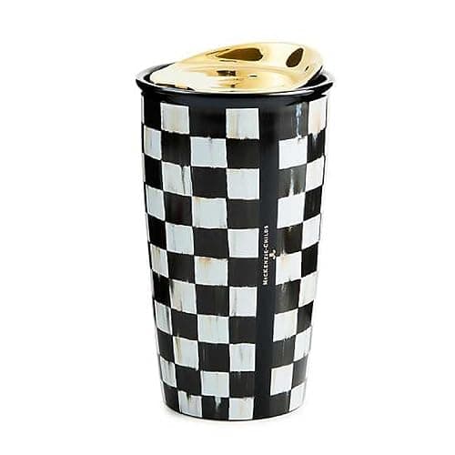 MACKENZIE-CHILDS Ceramic Travel Cup, Cute Tumbler Cup with Lid, 12 Ounces, Black-and-White Courtly Check - Image 1