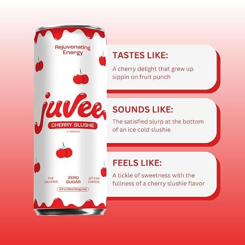 Juvee Rejuvenating Energy Drink – Sugar Free Cherry Slushie Flavor, 12 oz Cans (12-Pack) – 128mg Natural Caffeine, Zero Sugar, Low Calorie, Clean Energy & Focus Booster for Daily Use thumbnail 5