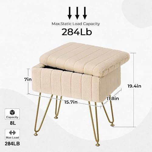 Greenstell Vanity Stool Chair Faux Fur with Storage, 19.4" H x 15.7" L x 11.8" W Soft Ottoman 4 Metal Legs with Anti-Slip Feet, Furry Padded Seat, Modern Multifunctional Chairs for Makeup, Bedroom thumbnail 3