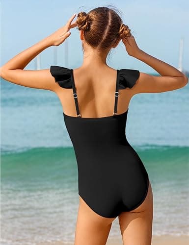 NECIOUS Girls Swimsuit Ruffle Adjustable Straps One Piece Bathing Suit Solid Color Ruched Girls' Swimwear 9-16Y thumbnail 3