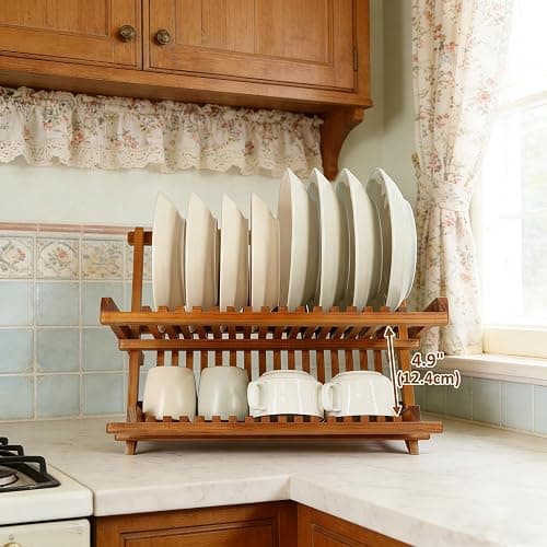 Utoplike Teak Dish Drainer Rack Collapsible 2 Tier Dish Rack Dish Drying Rack Foldable Plate Organizer Holder for Kitchen Compact Countertop thumbnail 4