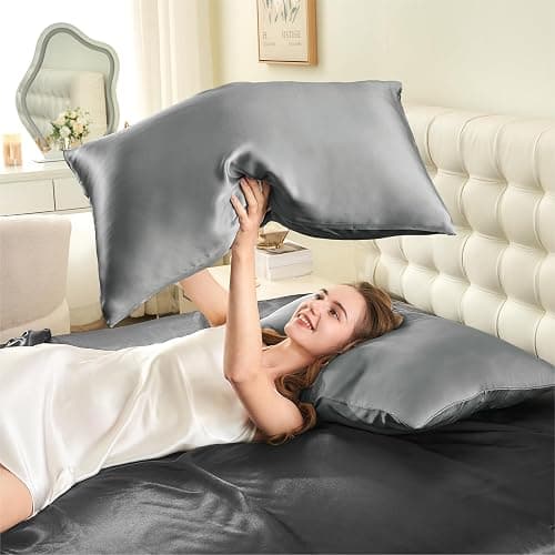 Silk Pillow Cases Queen Size Set of 2-20x30Inches Silk Pillowcases with Hidden Zipper, Ultra Smooth and Soft Cooling Pillow Cases for Hot Sleepers (Dark Grey 20x30 Inches, 2 Pack) thumbnail 9