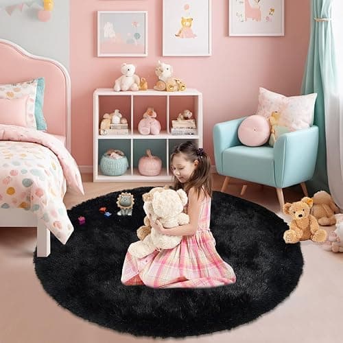 yulidayang Black Fluffy Round Area Rugs for Bedroom,4'X4'Shag Circle Area Rugs for Living Room,Non Slip Fuzzy Plush Rug for Kids Room Boys Girls Room and Dorm Home Decor Rug - 4ft Round - Black thumbnail 4