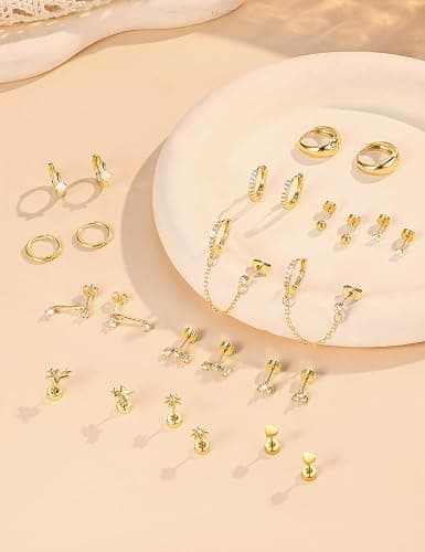 Florideco Flat Back Earrings Hypoallergenic Surgical Steel Earrings for Women Trendy Cartilage Chain Hoop Earring Studs 14K Gold Plated Star Heart CZ Flatback Stud Earring Sets for Multiple Piercing thumbnail 7