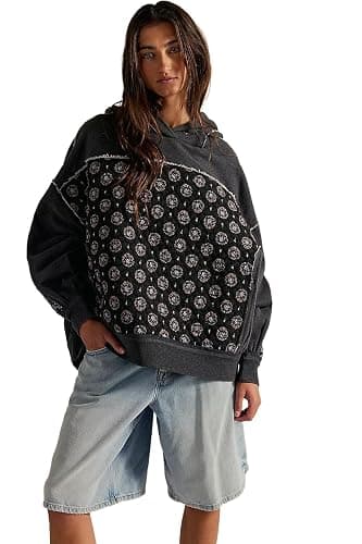 Women’s Oversized Charcoal Hoodie - Quilted Embellished Patchwork Sweatshirt Casual Vintage Style Pullover - Image 1