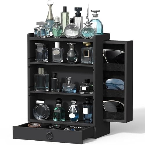 Wooden Cologne Organizer for Men Sliding 4 Tiers of Standing Perfume Display Stand with Side & Under Double Drawers Larger Storage Black Perfume Organizer Display Shelf Holder,Gift for Man - Image 1