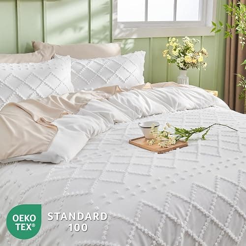 HYMOKEGE Twin Duvet Cover, Boho Tufted Twin Duvet Cover Set 3 Pieces, Soft & Lightweight Shabby Chic, Embroidery Bedding Set for All Seasons, 68" × 90" & 1 Pillow Sham, White thumbnail 3