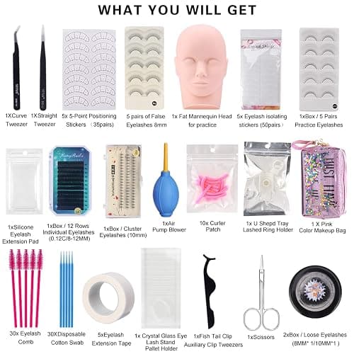 Lash Extension Kit Beginners, Eyelash Extension Accessories, False Eye Lashes Extension Training Tool Kit with Professional Mannequin Head for Beginners, Massage, Cosmetology Esthetician Supplies thumbnail 7
