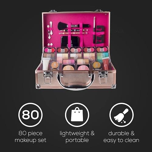 Dawn Till Dusk 80 Pieces Makeup Set with Travel Vanity Box by Envie, Includes Eyeshadow Palette, Lip Gloss, Lipsticks, Manicure Set, Makeup Brushes, Compact Mirror and Much More - (Rose Gold) thumbnail 2
