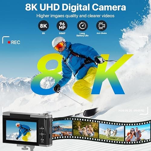 8K Digital Camera for Photography with WiFi 96MP Autofocus Vlogging Camera for YouTube Video 3.5'' 180°Flip Screen 20X Zoom Anti-Shake Compact Point and Shoot Cameras for Beginner Creator with SD Card thumbnail 2