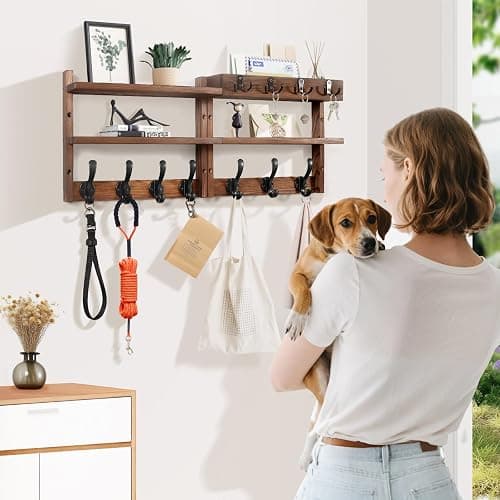 29" Coat Rack Wall Mount with Shelf, Pine Two-Tier Wall Shelf Mounted Coat and Key Hanger with 7 Heavy Duty Hooks 4 Key Hooks, Entryway Key Holder with Mail Holder for Bedroom,Living Room (Brown) thumbnail 6