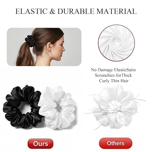 Scrunchies for Women, No Damage Hair Ties for Girls Day to Night Satin Scrunchies for All Hair TypesTextures Crease-Free – 5 Pack (3 Black + 2 White) thumbnail 6