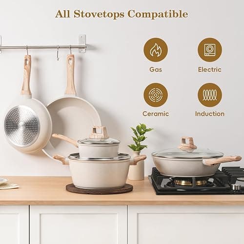 SODAY 12 Pcs Pots and Pans Set, Nonstick Cookware Sets White Granite Induction Cookware, Non-toxic Healthy Non Stick Kitchen Cooking Set with Frying Pans Set, Saucepans,Steamer (PFAS, PFOA, PFOS Free) thumbnail 8