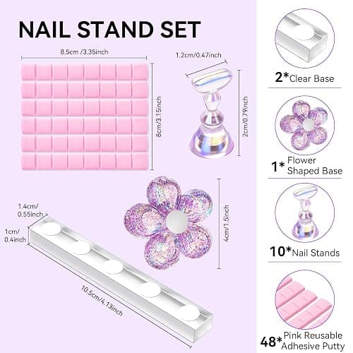 Makartt Nail Stand: Nail Holder for Painting Nails DIY, Magnetic Press on Stand Pink and Purple for Art Display Practice, Purple Glitter Flower Fake Holder for Home Salon with Reusable Adhesive Putty thumbnail 9