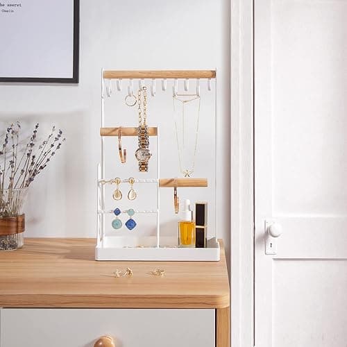 ProCase Jewelry Stand Holder Organizer, 4-Tier Necklace Holder with Ring Tray, 10 Hooks Necklaces Hanging Small Jewelry Display Storage Tower Tree for Bracelets Earrings Watches -Medium, White thumbnail 7
