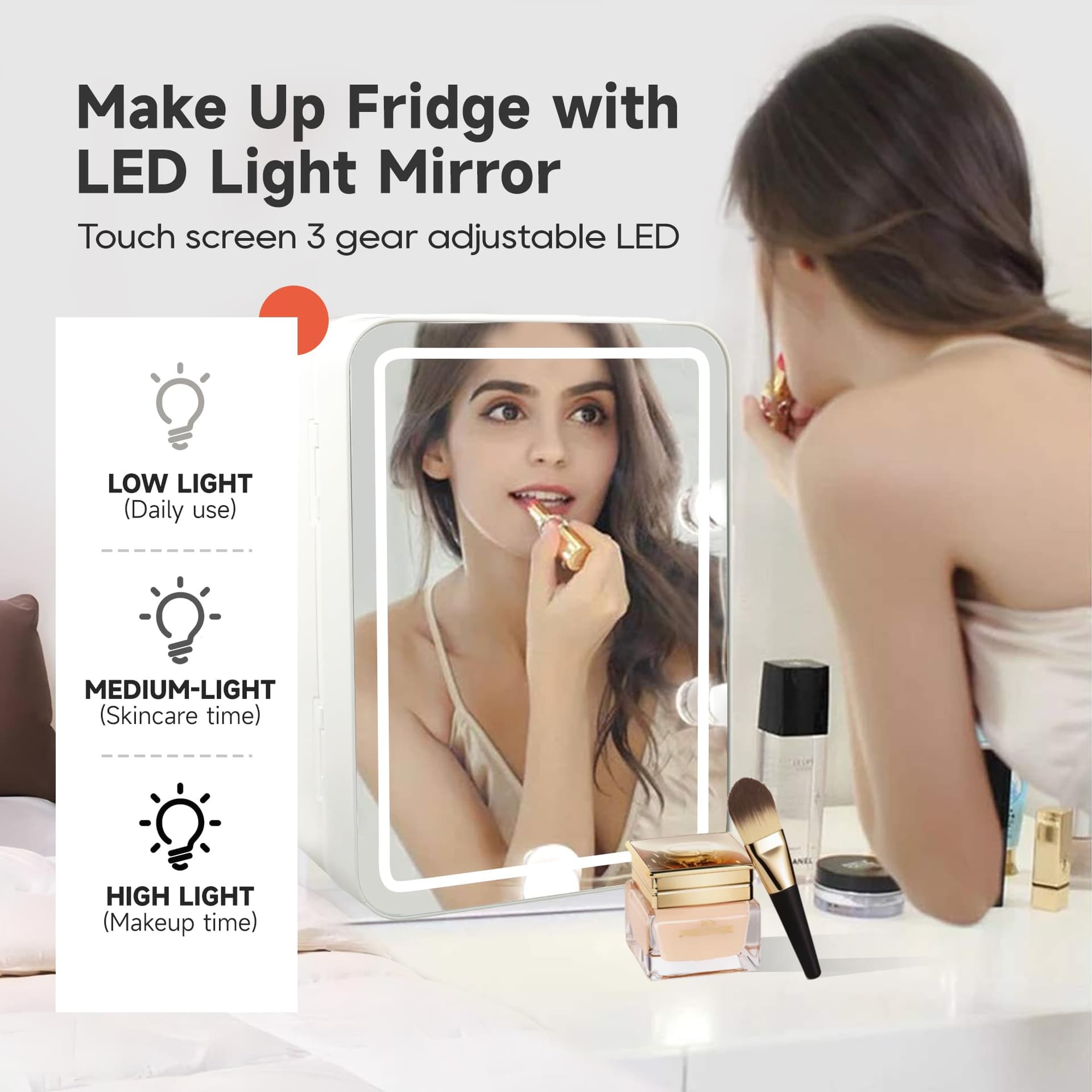 Juturnas Mini refrigerador de maquillaje, nevera para el cuidado de la piel con enfriador o calentador, alimentado por CA/CC, con espejo de luz LED, refrigerador pequeño portátil para cosméticos, thumbnail 2