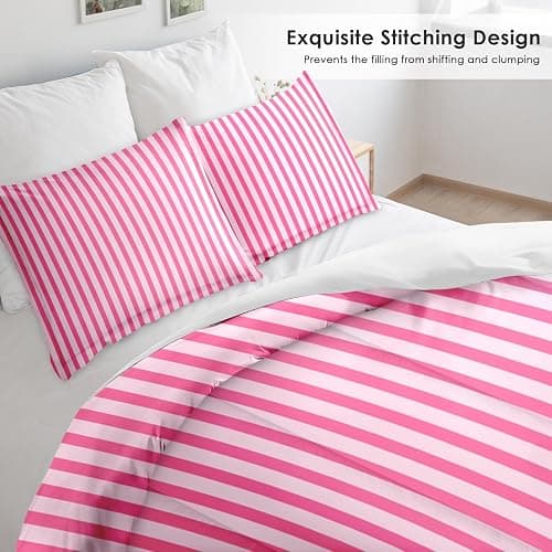 Pamnest Comforter Set Queen Size, Stripe Pink Retro 3 Pcs Soft Bedding for Kids and Adults, Geometric Striped Black Comforter Set with Pillowcase, for Bedroom Bed Decor thumbnail 4