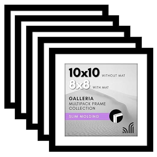 Americanflat 10x10 Picture Frame with Polished Plexiglass - Set of 5 - Use as 8x8 Frame with Mat or Display 10x10 Photo Without Mat - Galleria Collection - Square Frames for Tabletop or Wall - Black - Image 1