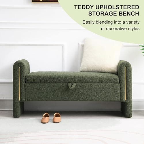 NIOIIKIT 52" Storage Ottoman Bench, Teddy Upholstered Storage Bench with Armrest, Entryway Bench with Pull-Ring, End of Bed Bench, Window Bench for Living Room (Olive Green) thumbnail 3