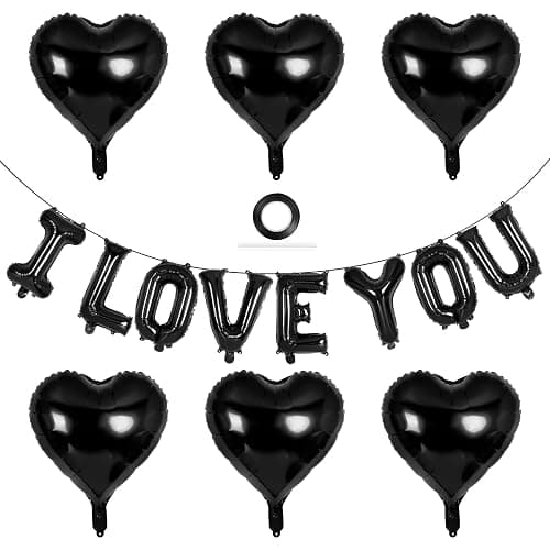 16 Inch I Love You Letter Balloons,18 Inch Heart Balloons Valentines Day Balloon, Love Foil Balloon Banner for Wedding Engagement Galentines Day Bridal Shower Decor (Black-I LOVE YOU and Heart) - Image 1