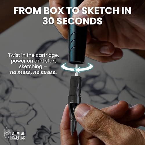 Tattoo Practice Pen by Inlumino Heart Ink – Wireless Rotary Dot Pen Machine with 8 Black Ballpoint Cartridges – Electric Tattoo Training Tool with 2 Batteries & Magnetic Carry Case thumbnail 7