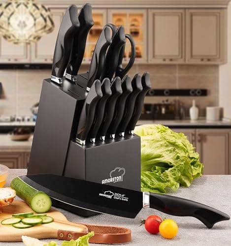 Knife Set, 15 Pieces Kitchen Knife Set with Built in Sharpener, German High Carbon Stainless Steel Knife Block Set, Dishwasher Safe, Black thumbnail 2
