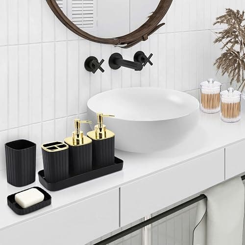 XLHOMO Bathroom Accessories Set - Gorgeous Bathroom Set, 10PC Bathroom Accessory Set, Toilet Brush, Trash Can, Qtip Holder Dispenser & Soap Dispenser - Black&Golden - Bath Set thumbnail 2
