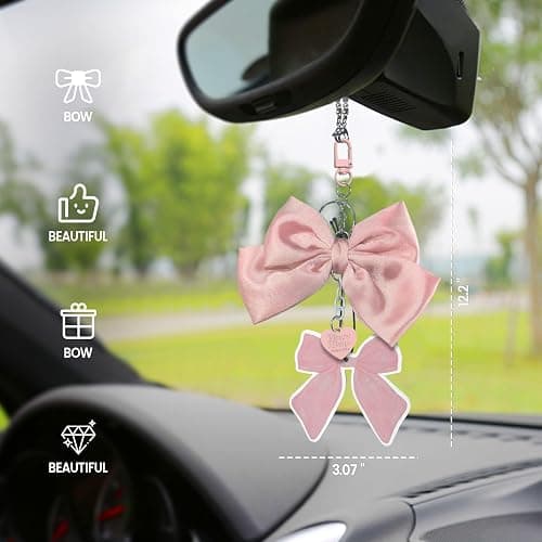 Pink Bow Rear View Mirror Hanging Ornament, Cute Car Accessories for Women & Girls, Car Interior Decor Charm,Rear View Mirror Decorations, Girly Auto Accessories Hanging car Charm thumbnail 4