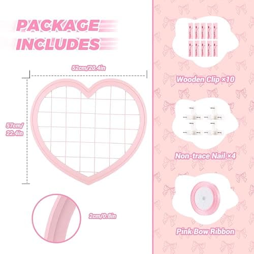 Jazcimdo Pink Preppy Coquette Room Decor, Heart Shape Wire Wall Grid Panel for Photo Display Board and Wall Storage Organizer, Wall Decor for Teen Girls and Women Home Bedroom Living Room and Dorm thumbnail 2