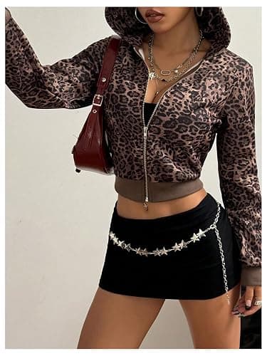 GORGLITTER Women's Cheetah Print Zip Up Hoodie Y2k Cropped Jacket | Leopard Print Sweatshirt, Lightweight Hoodie, Y2k Oversized Hoodies, Going Out Fall Outfits 2026 thumbnail 4